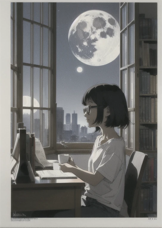 a girl with short and messy hair. she is studying in her room with a loose T-shirt. love to drink coffee, wears relatively big glasses, 
she keeps a big library and many vases in her room  she has a big window she can see tall buildings and the moon well, busy desk
