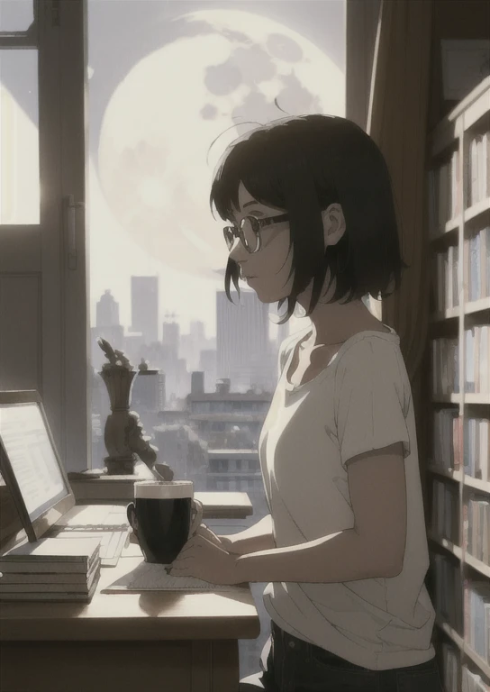 a girl with short and messy hair. she is studying in her room with a loose T-shirt. love to drink coffee, wears relatively big glasses, 
she keeps a big library and many vases in her room  she has a big window she can see tall buildings and the moon well, busy desk