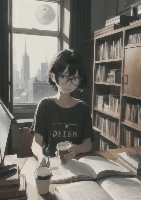 a girl with short and messy hair. she is studying in her room with a loose T-shirt. love to drink coffee, wears relatively big glasses, 
she keeps a big library and many vases in her room  she has a big window she can see tall buildings and the moon well, busy desk