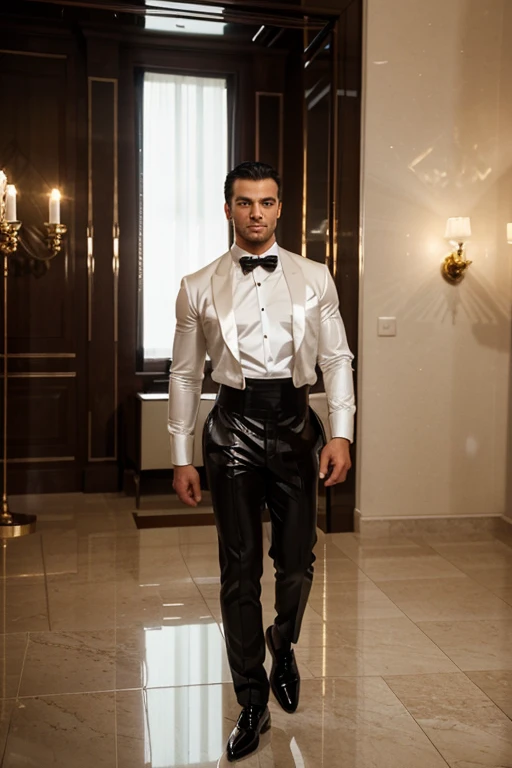 A muscular man wearing a tuxedo,sharp focus,highres,ultra-detailed,realistic,studio lighting,physically-based rendering,professional,bokeh,detailed facial features,strong jawline,confident expression,intense gaze,slicked-back hair,black bow tie,crisp white shirt,fitted black trousers,shiny patent leather shoes,standing tall in a luxurious ballroom,grand chandeliers illuminating the room,vivid colors,soft ambient light casting a warm glow,mirror-like dance floor,reflection of the man in the polished marble floor,subtle shadow play,exuding elegance and sophistication.