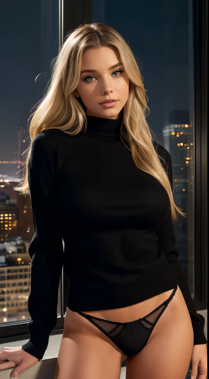 Foto hiperrealista en primer plano de Emily Sears, masterpiece, best quality, (photorealistic:1.4), (black black black turtle neck ling long long sweater:1.1), (black lance underwear:1.2), modern New York apartment, view from windows to night in New York sky light, darkness night, night, during the night, neons,, sunny day,, cinematic light, beautiful woman, skinny, large big breasts, straight blond hair, detailed face, smile, facing the camera, photo taken from a distance, age of 20 years old, night might night