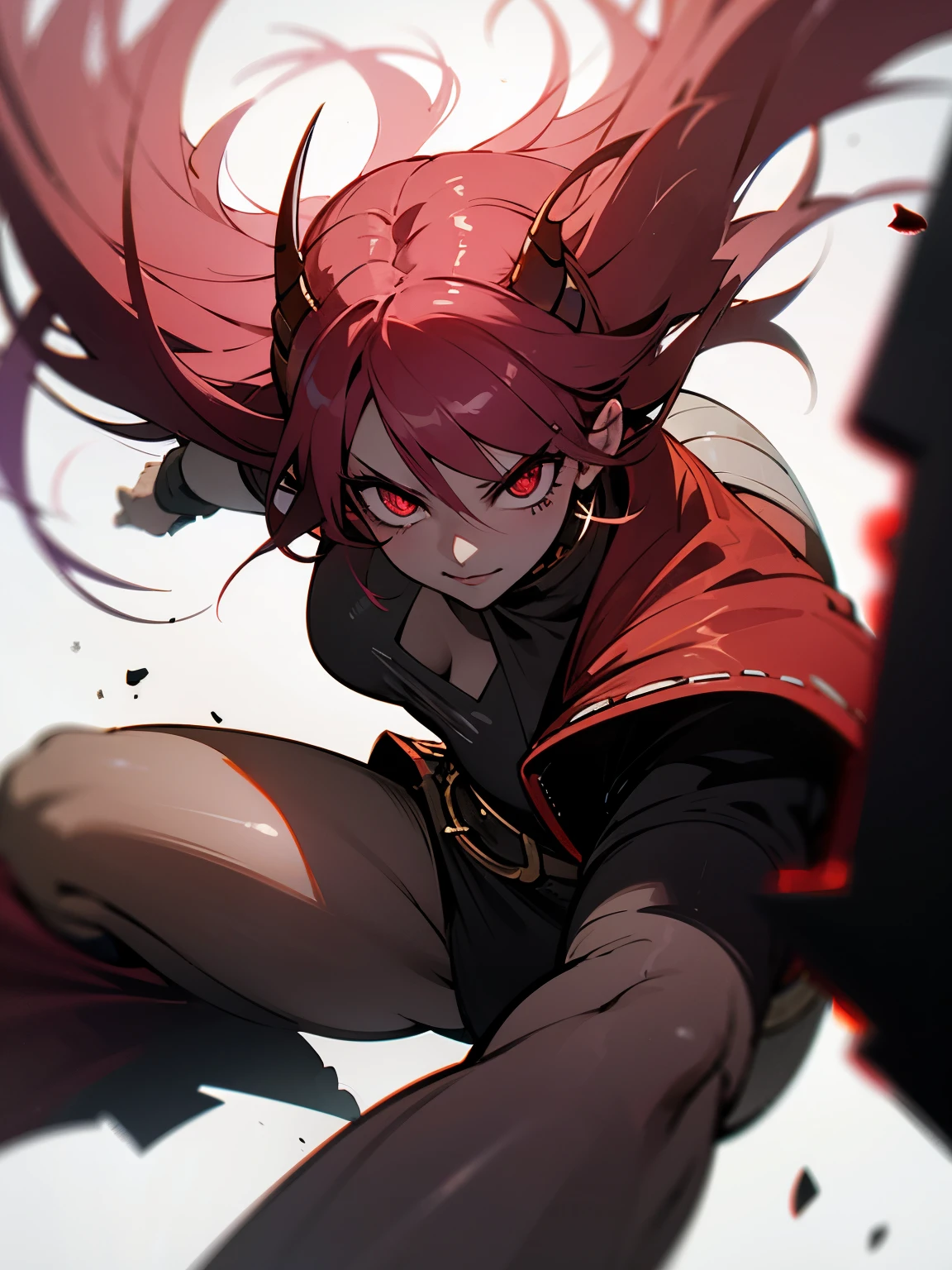 (best quality,4k,8k,highres,masterpiece:1.2),anime style,Kamado Douko from Demon Slayer,fiery red hair,intense gaze,traditional demon-slaying attire,slight sweat on brow,long sword slung over shoulder,ready for action,echoing roar of demon in background,girl stands boldly with determined expression,intense and focused eyes,tip of tongue peeks out from lips,dim light flickering against scarlet hair,fiery glow,demon's eyes meet hers,battle fueled by adrenaline,danger,and valor.Enlarge your breasts and buttocks!Full body depiction! Long hair, more sexy!More erotic!Torn clothes Make your ass bigger Long hair