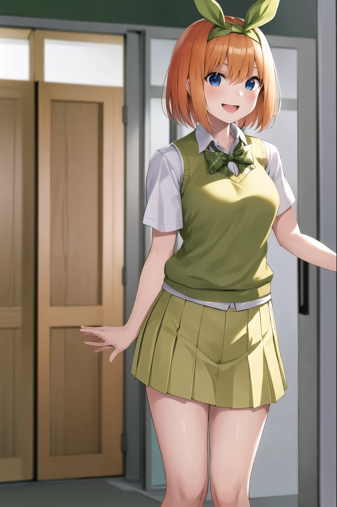 masterpiece, highest quality, High resolution, aayotsuba, short hair, Hair Ribbon, Green ribbon, hair band, Green ribbon, Collared shirt, Sweater vest, Yellow Sweater, Short sleeve, Green Skirt, Pleated skirt, smile, Open your mouth, wave hands, Are standing, amusement park,