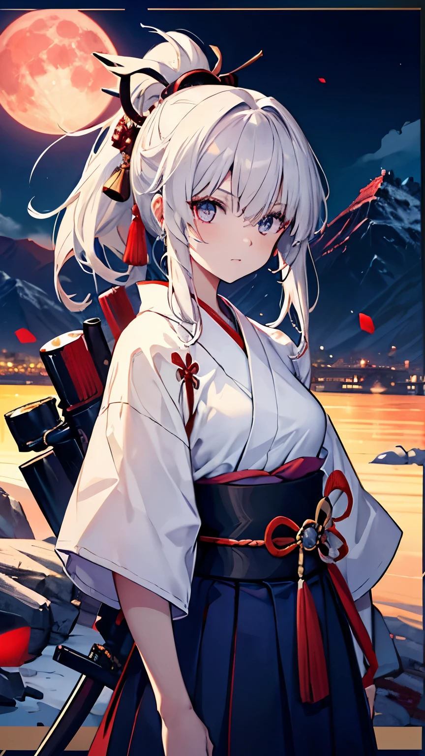 ,girl,Best image quality,,Iron-colored hair,Eye patch,Iron-colored eyes,,White skin,Long Hair,ponytail,Gardenia,Red Moon,Samurai,Two swords at his waist,Mountain trail,Navy blue hakama,Sarashi,,kimono,