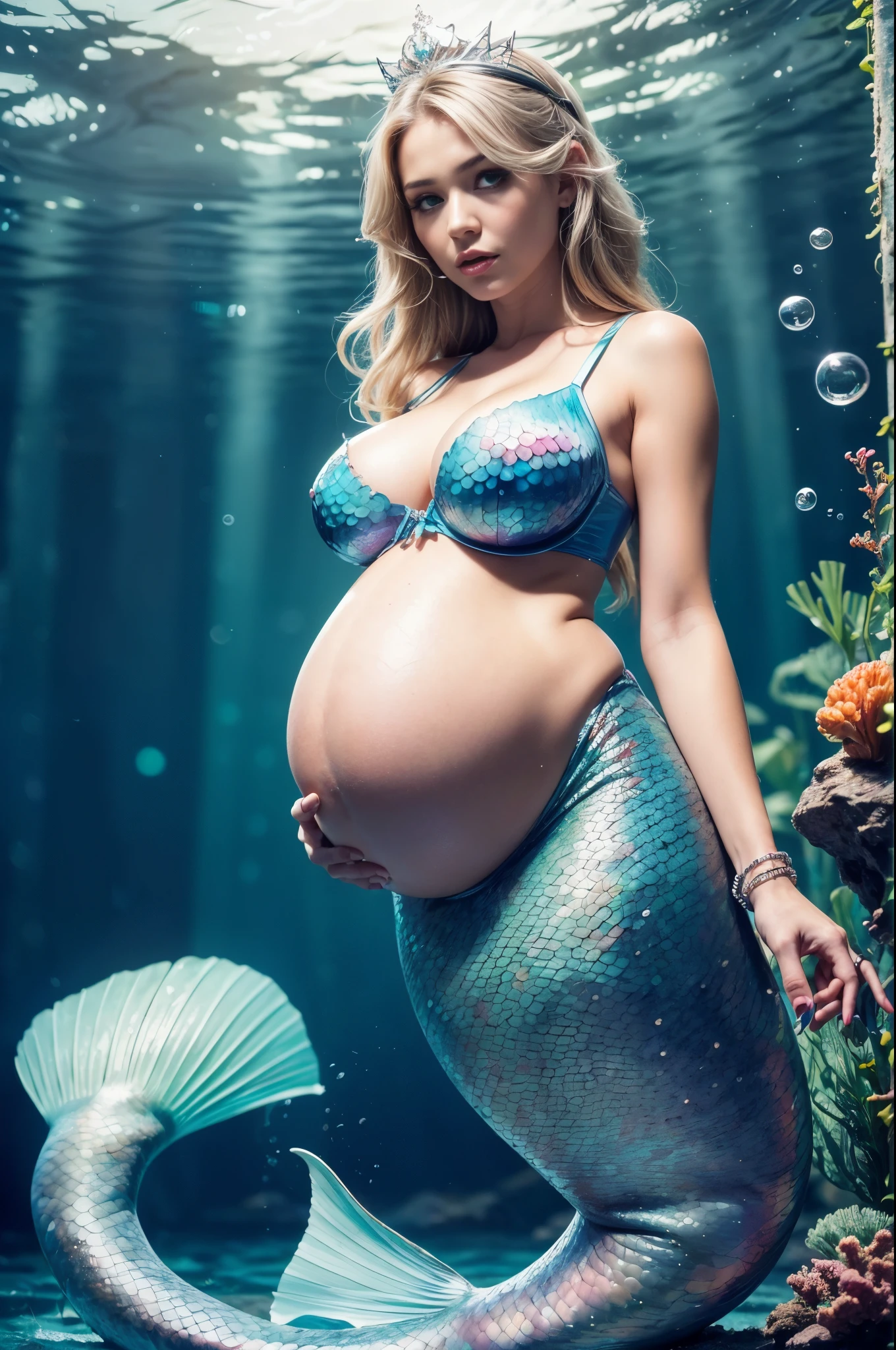 Hyper realistic, Beautiful, cute , 15 Years lita Girl, japanese mermaid, korean mermaid, ((Wearing crown of green leaves, blue eye mermaid)), (((realistic mermaid))), (((pregnant))), fins, underwater, underwater city, atlantis, head_fins, masterpiece, best quality, (highres), absurdres, Extremely realistic, Ultra detailed, Make a this realistis, Focus, ((16K, Raw, Photography realistic:1.37)), epic skin, realistic hair, Realistic hair wave effect in water, beautiful face, perfect face, perfect eye, eye reflection, eye detailed, perfect lips, beautiful body gorgeous, deep eyes, stunning, heavy intricate, hyper-detailed, highly detailed, sharp, realistic, anime, manga, Perfect Hand, Perfect Finger, perfect finger nails, detailed nails, Bracelet, Ring, waist to toe shaped like a fish, half fish creature, scaly, reddish white translucent scales, shiny scales, hyper realistic scales, ultra detailed waist to toe shaped like a fish, red fish, half fish creature, scaly, reddish white translucent scales, shiny scales, hyper realistic scales, ultra detailed scales, mythological creatures, mermaid tails, mermaids, swimming in water, mythological creatures, wide toe, fin tailed, wide fins, Full Body, ((heavy huge breasts)), water bubbles, (heavy huge breasts:1.37), ((wearing bra)), ((adorable:1.2)), ((masterpiece:1.37)), ((bokeh:1.2)),hyper realistic shadow, hyper realistic lighting, hyper realistic atmosphere, extremely realistic background, perfect photography