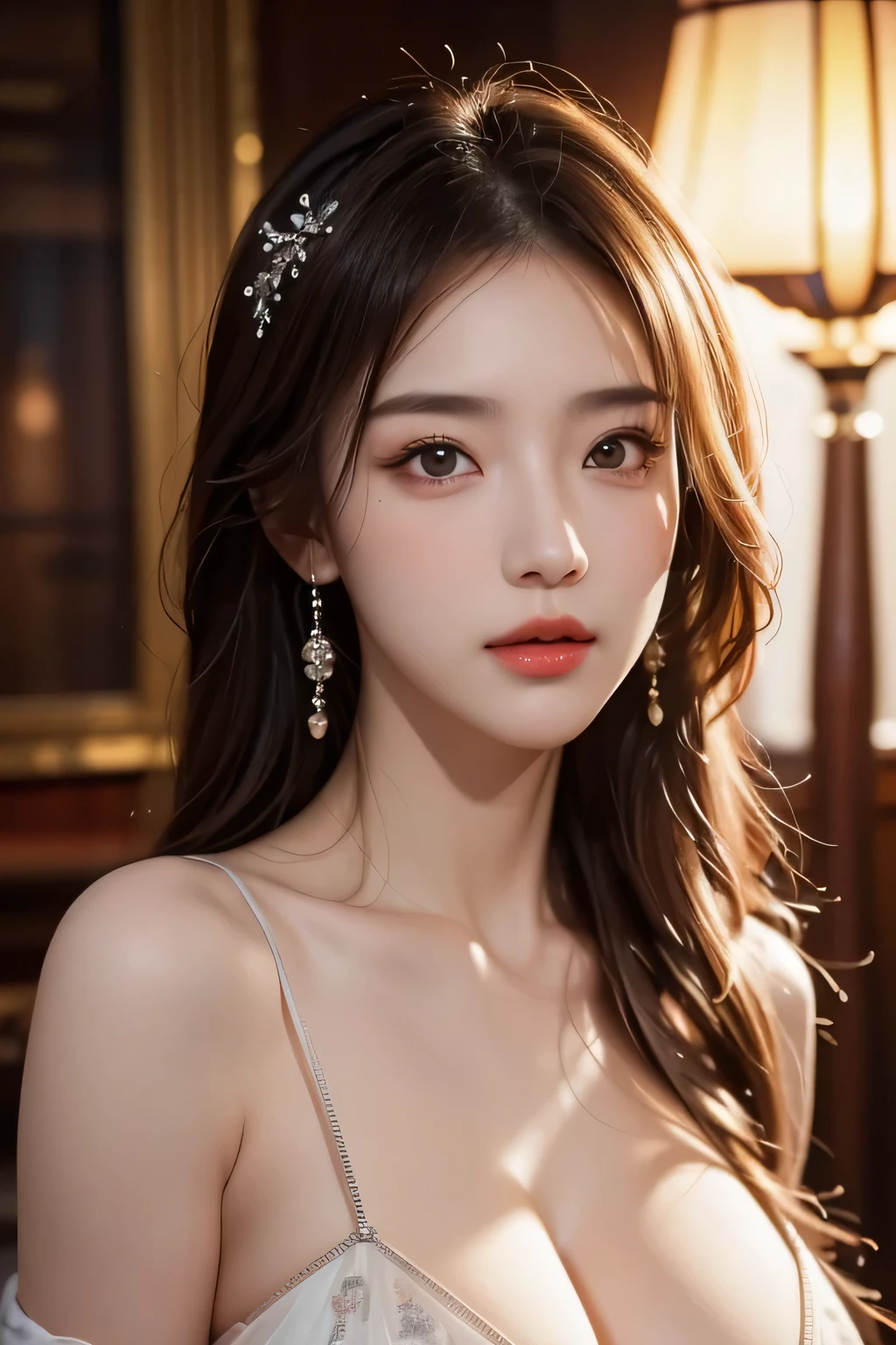 High-quality work，Realistic works，Super premium graphics，8K HD CG works，high quality graphics，High-definition and exquisite CG works，10x pixels，Ultra-fine details：1.1，Advanced technical details：1.1Realistic photo effects，Interior lighting effects：1.5，natural soft light：1.5. Light effect（Virtual light effects：1.8），Ultra-high resolution，shining dress，sliver long hair，silber hair，transparenthair，high detailed hair（Quality hair details：1.1）Clear eyes，Double eyelids look good，Sharp eye makeup, Create exquisite eyelash makeup, tthin eyebrows, Ultra-detailed eyes，a tall nose, lovely red lips, rosey cheeks, With delicate makeup on her face , pretty face, The face shape is perfectly proportioned,（Advanced facial details：1.1）random pose, mix4, (8k, RAW photo, best quality, masterpiece: 1.45), (realistic, photorealistic: 1.37), one girl, cute, cityscape, night, rain, wet, professional lighting, photons mapping, radiosity, physically based rendering, gradient black hair, gray hair, short curly hair, handsome, girl, Deep V-neckline slip dress, pale skin, top quality photo, high res, 1080p, (clear face), (detailed face description), (detailed hand description), (masterpiece), (exquisite CG), extreme light and shadow, disheveled hair, master work, rich details, (fine facial features), (highest quality photo), (masterpiece), (detailed eyes), look in front of you eyes, fine clavicle, (huge breasts:1.4), natural face ，Women's artwork，Dress full body video，Reality，Amazing Cleavage，My eyes are very bri

