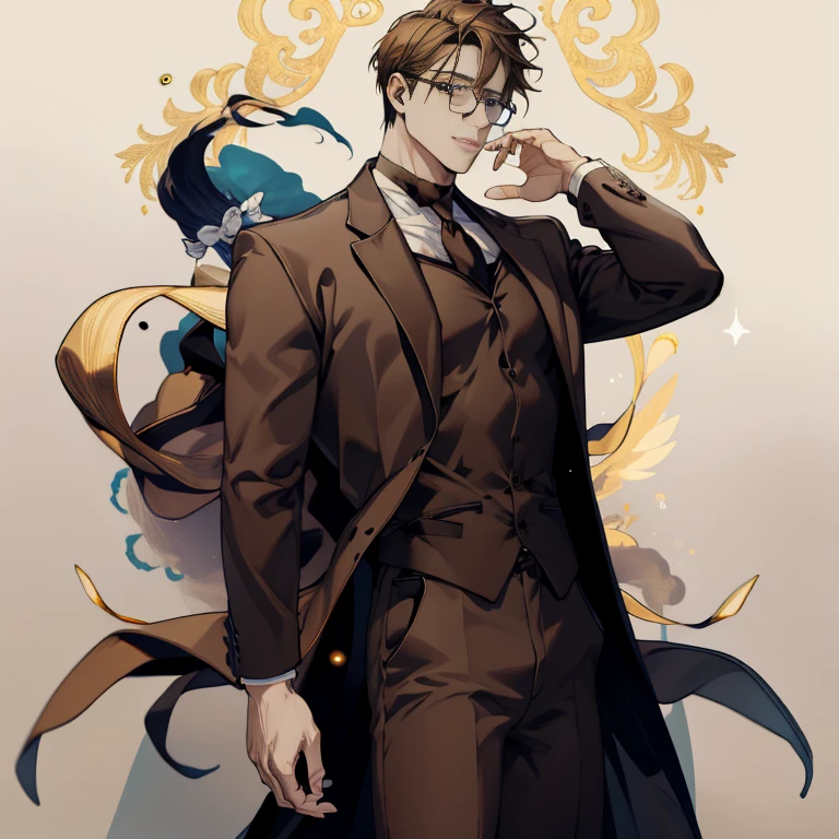 Mature male wearing golden glasses，vestindo ternos pretos，cabelo branco prateado，ombros largos，grande alto，The dorsal side is dark brown
