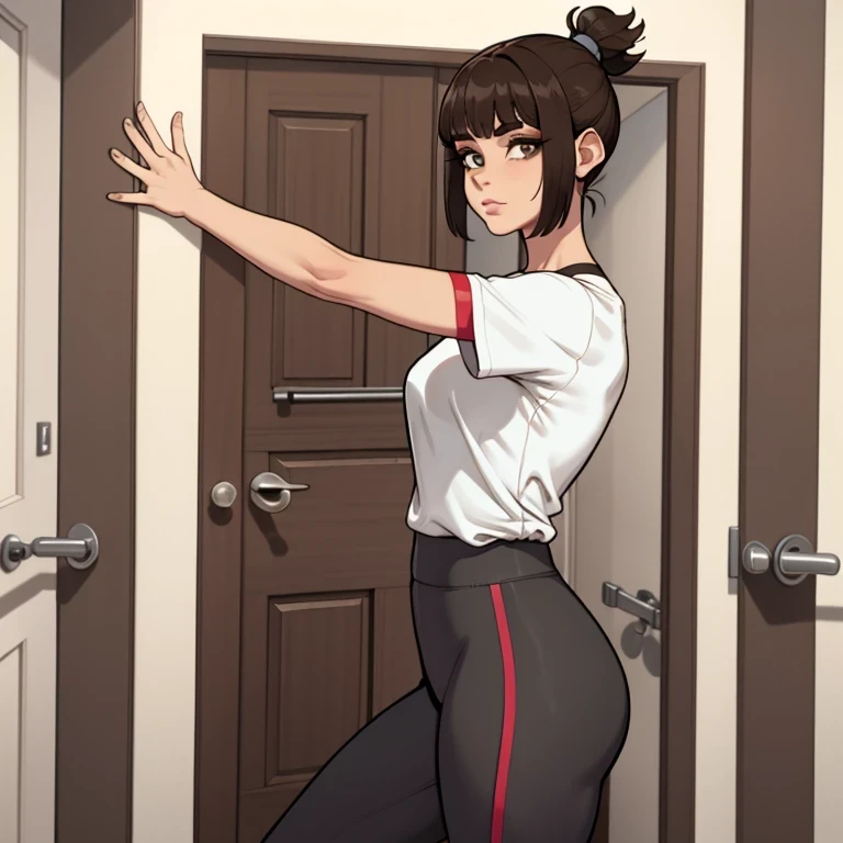 a woman with short brown ponytail haircut, vistiendo pantalones de yoga y una camiseta gris, grueso, alone, solo, (ALONE)(SOLO), fondo ella esta parada al lado de una puerta (es mas alta que la puerta), es muy alta