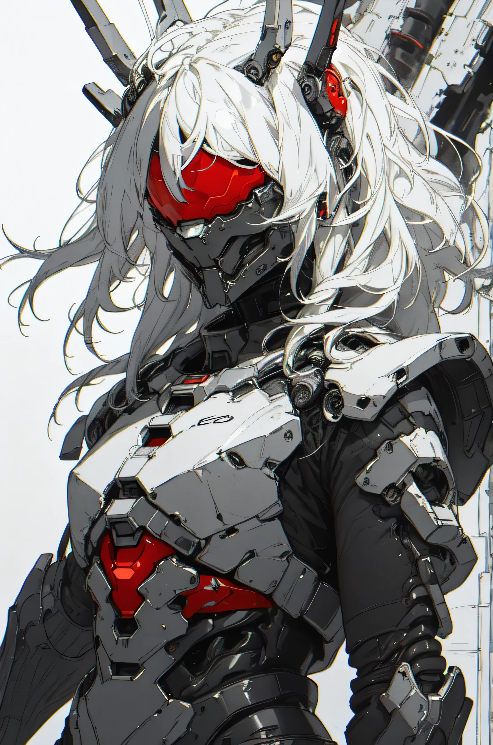 a close up of a female deity with a black and red biomechanical body, black and white void space, mix of magic and science, magic, science, black and red biomechanical details, silver tracing around some armor pieces, great character design, white biomechanical details, red mecha, highly detailed exquisite art, intricate red armor, no face, halo of energy over his head, 