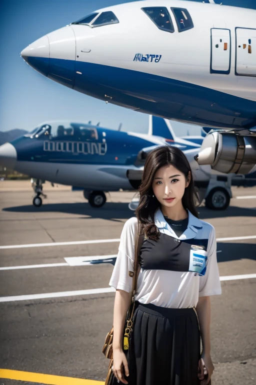 A large jet plane is parked on the runway