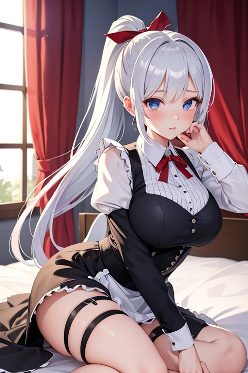 highest quality, Ultra-detailed, figure, Silver Hair, Aimee,, Embarrassing，ponytail,Red ribbon,Cute face，Beautiful breasts，Suspender skirt，Black maid outfit，bed,Large Breasts,blue eyes