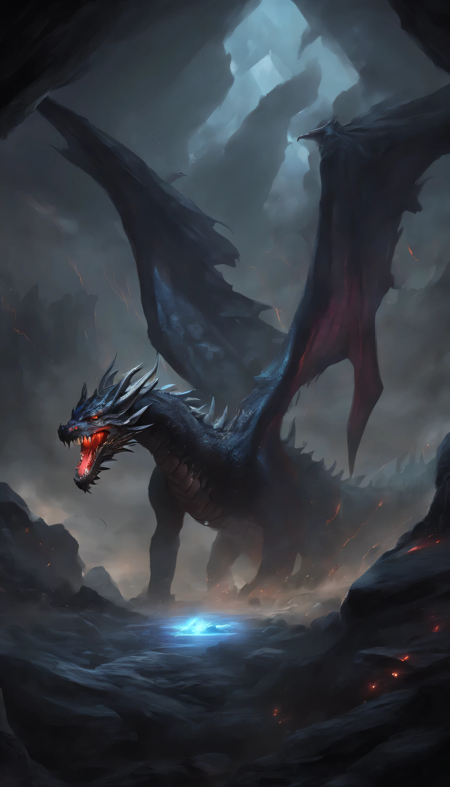 An epic scene illustrating a majestic dragon with obsidian scales and piercing ruby eyes, enclosed within the depths of a shadowy cavern. The dragon's expansive wings spread wide, soaring through the pitch-black expanse amidst a tumultuous sky crackling with bolts of lightning. Embrace the fantasy theme with intricate details of the full dragon form