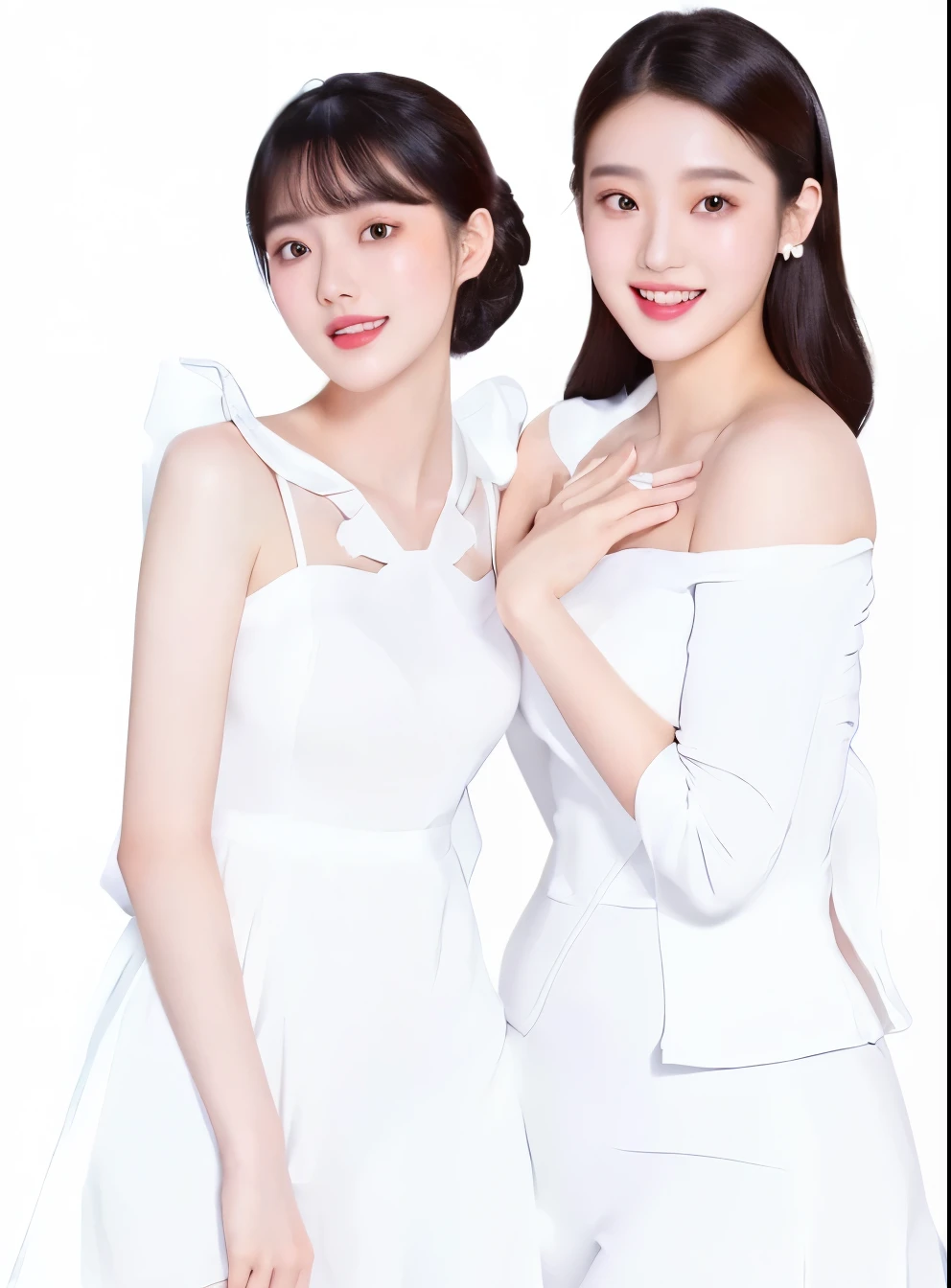 Three ladies in white dresses pose for a group photo, White background!!!!!!!!!!, in White clothes, official art works, full body xianxia, Home, perfume, Inspired by Wang Duo, milky white skin, 'White background'!!!, twice, Dilraba Dilmurat, White background, picture, xision wu, Sleek white skintight suit, White clothes