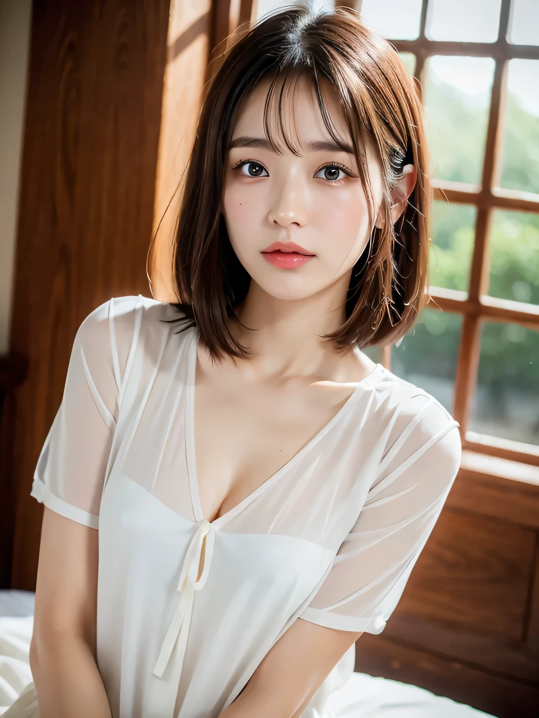 (night:1.7), East Asian architecture, 1 Female,sit on tatami, （China dress）, Brunette color hair，（Hair between the eyes）, restore, Lip valve,  30 years old,beautiful fingers,beautiful long legs,Beauty Body，Beautiful nose，beautiful character design，perfect  eyes，s the perfect face，View your viewers，（Innocent__Eyes：1.0），（Light_笑face：0.3），Official Art，Very detailed CG unity 8k wallpaper，Perfect lighting，Very colorful，bright_front_face_Lighting，（masterpiece:1.0),(Highest_quality:1.0), 超High resolution,4K,Super detailed, photo shoot, 8k, High resolution, High resolution, Absurd:1.2, Kodak Portrait 400, Film Grain, The background is blurred, Bokeh:1.2, Lens flare brilliance, ( Vibrant_color:1.2) (beautiful,big_chest:1.4), (beautiful_face:1.5),(narrow_Upper Body),8k, yes,RAW Photos, See-through, transparent clothing,