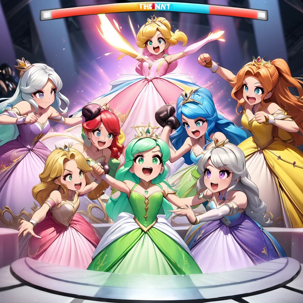 A group of video game princesses engaging in a dynamic boxing match. The princesses are dressed in their iconic princess outfits, adding a touch of elegance to the sport. They are wearing comically oversized boxing gloves, creating a humorous and playful atmosphere. Above their heads, there are health bars representing their energy levels, enhancing the competitive vibe. The image is of the best quality, with ultra-detailed graphics and a photorealistic style. The color palette is vibrant and vivid, giving life to the scene. The lighting is carefully set up to highlight the princesses and create a dramatic effect. Include lots of panty slips, well defined vagina