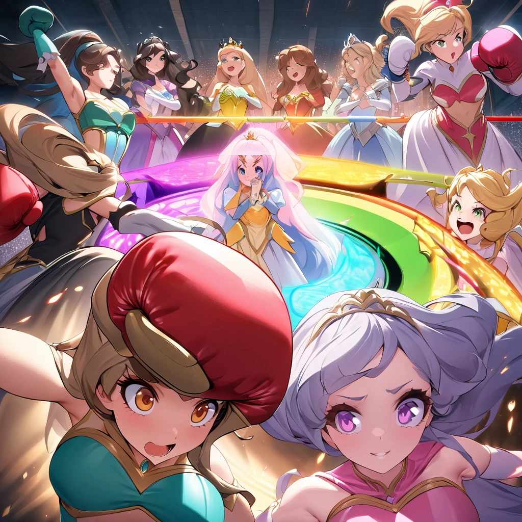 A group of video game princesses engaging in a dynamic boxing match. The princesses are dressed in their iconic princess outfits, adding a touch of elegance to the sport. They are wearing comically oversized boxing gloves, creating a humorous and playful atmosphere. Above their heads, there are health bars representing their energy levels, enhancing the competitive vibe. The image is of the best quality, with ultra-detailed graphics and a photorealistic style. The color palette is vibrant and vivid, giving life to the scene. The lighting is carefully set up to highlight the princesses and create a dramatic effect. Include lots of panty slips, well defined vagina