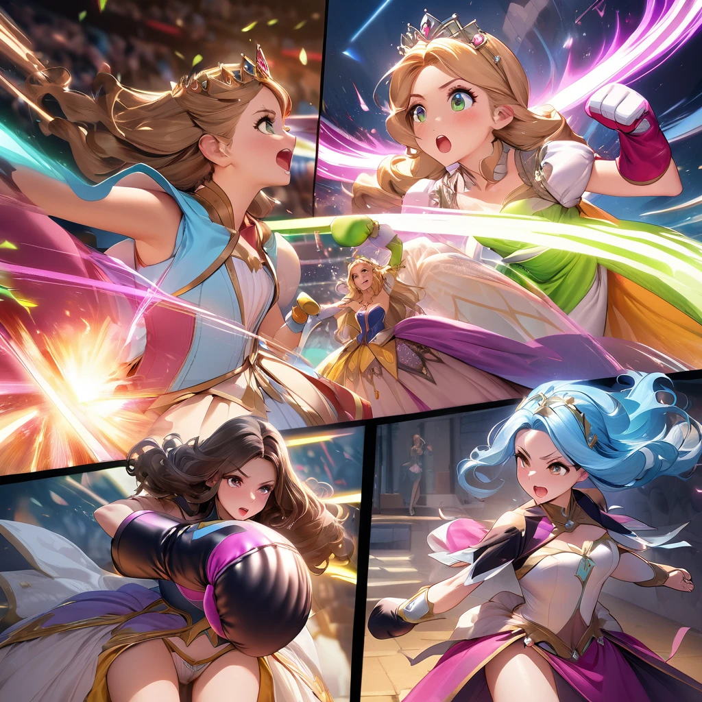 A group of video game princesses engaging in a dynamic boxing match. The princesses are dressed in their iconic princess outfits, adding a touch of elegance to the sport. They are wearing comically oversized boxing gloves, creating a humorous and playful atmosphere. Above their heads, there are health bars representing their energy levels, enhancing the competitive vibe. The image is of the best quality, with ultra-detailed graphics and a photorealistic style. The color palette is vibrant and vivid, giving life to the scene. The lighting is carefully set up to highlight the princesses and create a dramatic effect. Include lots of panty slips, well defined vagina