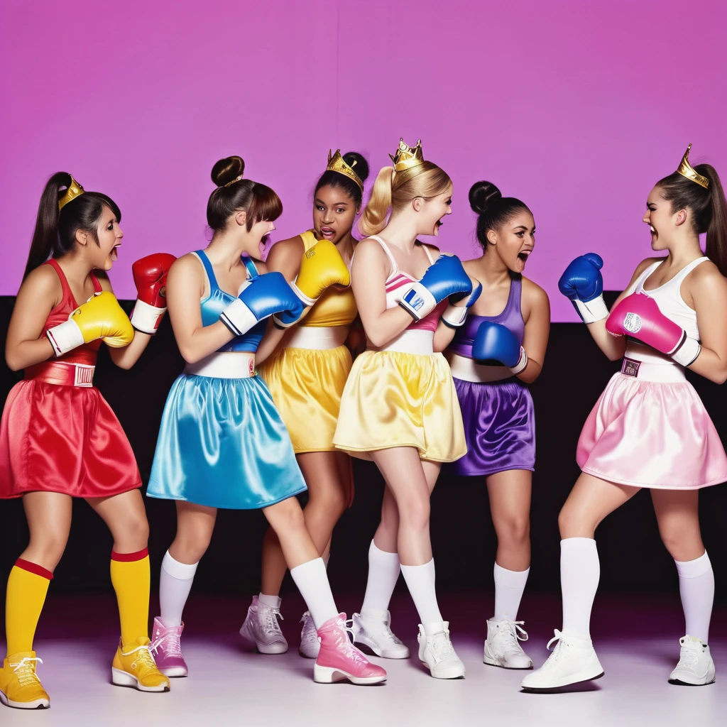 A group of video game princesses engaging in a dynamic boxing match. The princesses are dressed in their iconic princess outfits, adding a touch of elegance to the sport. They are wearing comically oversized boxing gloves, creating a humorous and playful atmosphere. Above their heads, there are health bars representing their energy levels, enhancing the competitive vibe. The image is of the best quality, with ultra-detailed graphics and a photorealistic style. The color palette is vibrant and vivid, giving life to the scene. The lighting is carefully set up to highlight the princesses and create a dramatic effect. Include lots of panty slips, well defined vagina