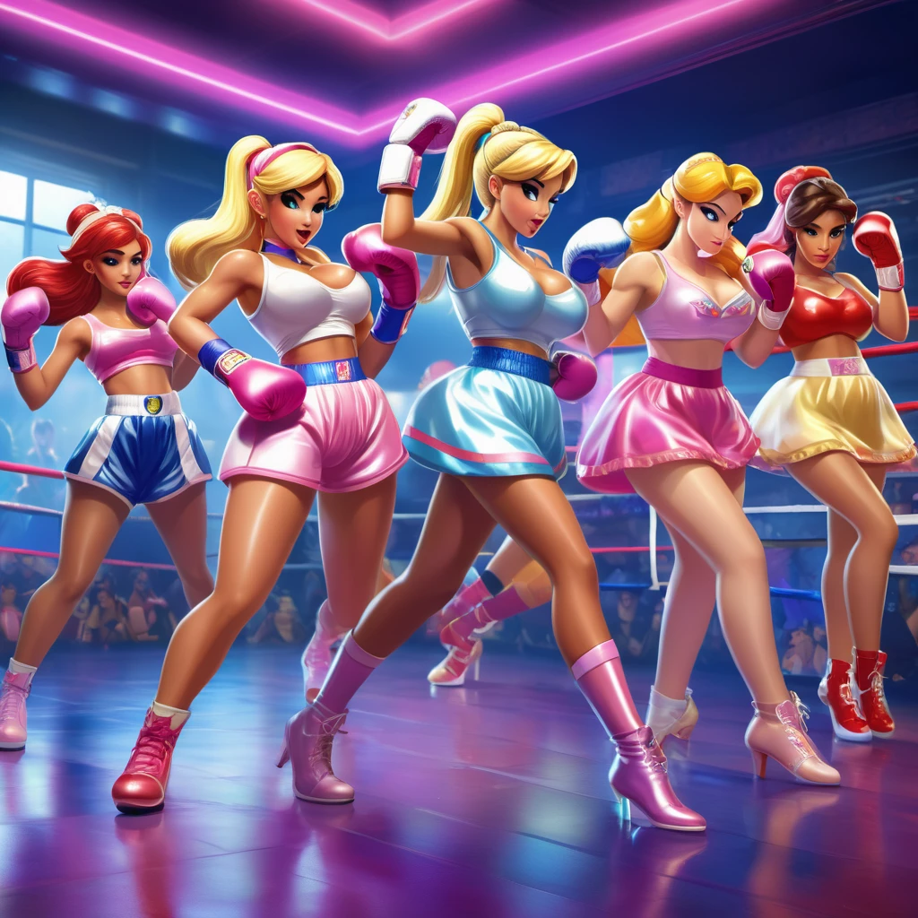 A group of video game princesses engaging in a dynamic boxing match. The princesses are dressed in their iconic princess outfits, adding a touch of elegance to the sport. They are wearing comically oversized boxing gloves, creating a humorous and playful atmosphere. Above their heads, there are health bars representing their energy levels, enhancing the competitive vibe. The image is of the best quality, with ultra-detailed graphics and a photorealistic style. The color palette is vibrant and vivid, giving life to the scene. The lighting is carefully set up to highlight the princesses and create a dramatic effect. Include lots of panty slips, well defined vagina