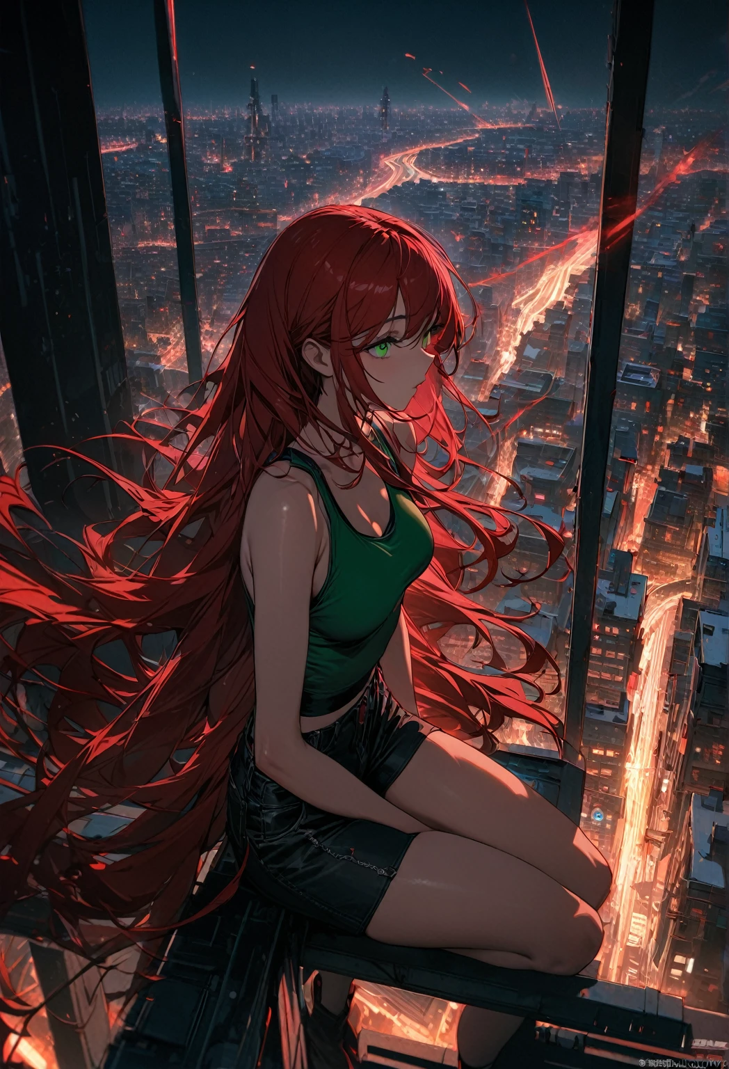 best quality, super fine, 16k, incredibly absurdres, extremely detailed, beautiful woman sitting on a rooftop of a building gazing into the distance, wearing tight tanktop, shorts, captivating look, red long hair, red hair, long hair, green eyes, green eyes, wind, wind-effect, moonlit night view, (magnificent view:1.1) , clockpunk