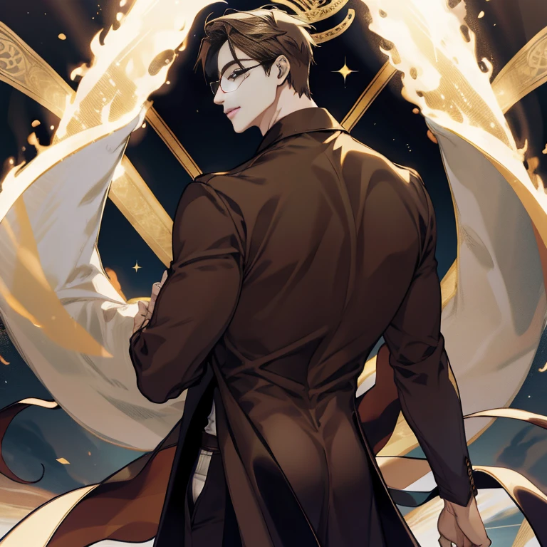 Mature male wearing golden glasses,vestindo ternos pretos,cabelo branco prateado,ombros largos,grande alto,The dorsal side is dark brown