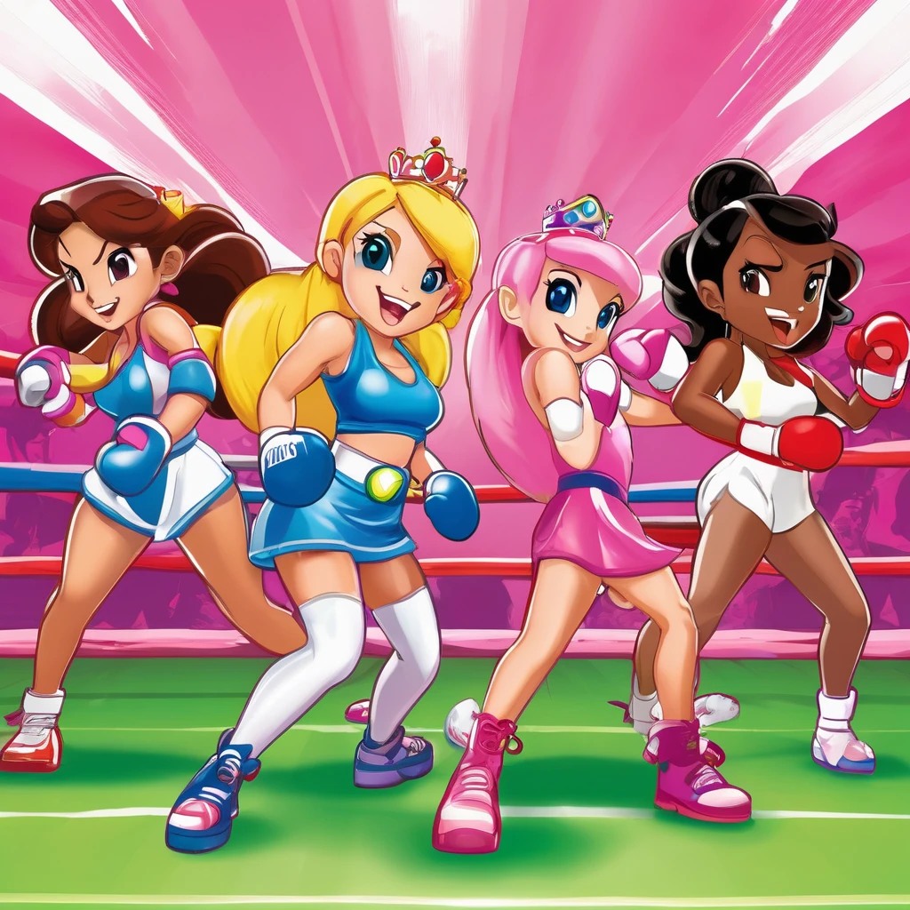 A group of video game princesses engaging in a dynamic boxing match. The princesses are dressed in their iconic princess outfits, adding a touch of elegance to the sport. They are wearing comically oversized boxing gloves, creating a humorous and playful atmosphere. Above their heads, there are health bars representing their energy levels, enhancing the competitive vibe. The image is of the best quality, with ultra-detailed graphics and a photorealistic style. The color palette is vibrant and vivid, giving life to the scene. The lighting is carefully set up to highlight the princesses and create a dramatic effect. Include lots of panty slips, well defined vagina