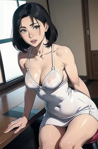 Japanese,Black Hair,50yo,mature sexy woman wearing a white dress sitting on a chair, Short dress,Dim lighting, sexy, hot,Blushed cheeks,blush, Lusty mature woman,Small breasts,erect nipples,(Cum between the breasts),Semen dripping from the mouth,Spread your legs slightly,
