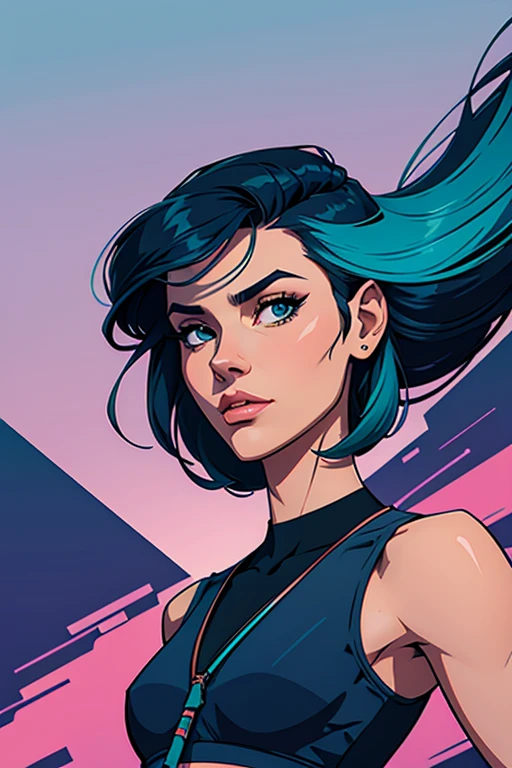 samdoesarts style award-winning half-length portrait of a beautiful woman in a crop top and cargo pants with teal navy blue ombre hairstyle with moving head and flying hair, respingos de tinta, Espirrar, fugir, vaporware, flat shaded illustration, arte digital, trends on Artstation, Altamente detalhado, Detalhe fino, intricado