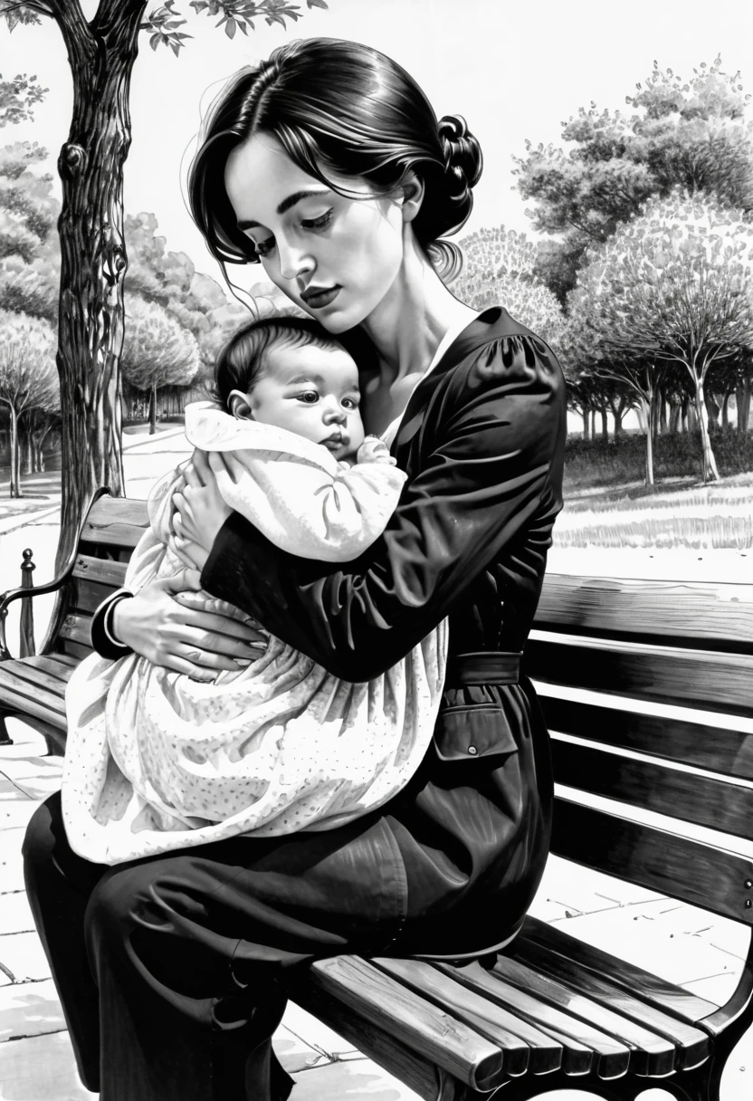 A woman sitting on a bench holding a baby, baby on her lap, pen-and-ink illustration, pen-and-ink illustration, Hugh Hughes, by Antonio Rotta, Leonard Long, Line art, By Nandor Katona, Inspired by Charles Dana Gibson, pen-and-ink illustration, pen-and-ink illustration