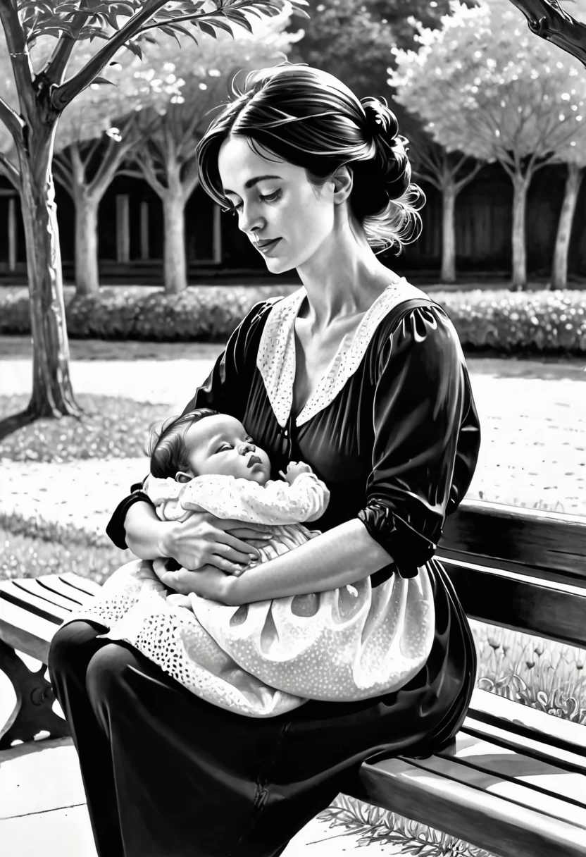 A woman sitting on a bench holding a , baby on her lap, pen-and-ink illustration, pen-and-ink illustration, Hugh Hughes, by Antonio Rotta, Leonard Long, Line art, By Nandor Katona, Inspired by Charles Dana Gibson, pen-and-ink illustration, pen-and-ink illustration