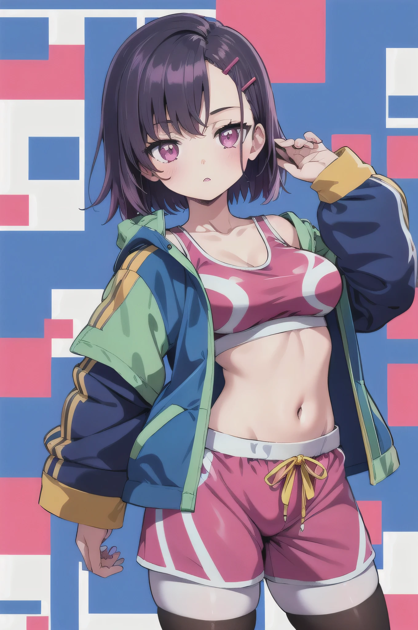 (masterpiece, best quality), 1girl,   MikazukiShizuka, hairclip , sports bra, pink dolphin shorts, legwear under shorts, black pantyhose, blue jacket