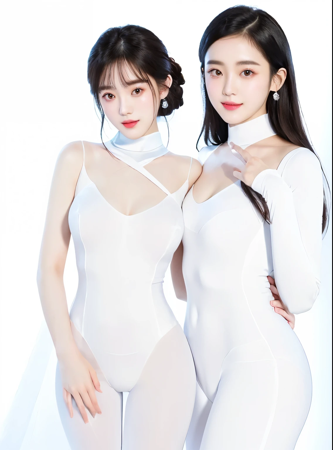 Three ladies in white dresses pose for a group photo, White background!!!!!!!!!!, in White clothes, official art works, full body xianxia, Home, perfume, Inspired by Wang Duo, milky white skin, 'White background'!!!, twice, Dilraba Dilmurat, White background, picture, xision wu, Sleek white skintight suit, White clothes