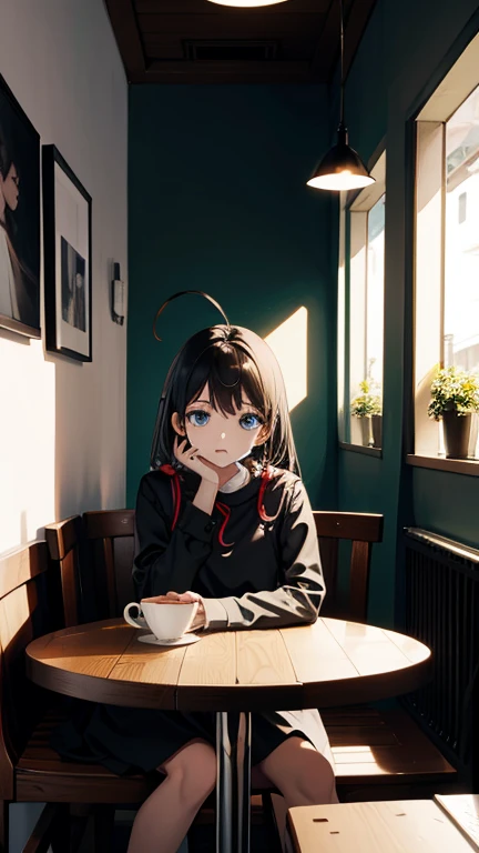 wallpaper, 1girl sitting in a coffe shop, table, window, cute, gorgeous, minimalistic