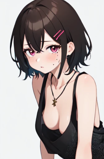 best quality, masterpiece, highres, solo, {higuchi_madoka_theidolmstershinycolors:1.15}, short_hair, brown_hair, mole, mole_under_eye, bangs, hair_ornament, hairclip, purple_eyes, blush, breasts, 1girl, bare_shoulders, collarbone, jewelry, looking_at_viewer, necklace, tank_top, upper_body, white_tank_top, simple_background, red_eyes