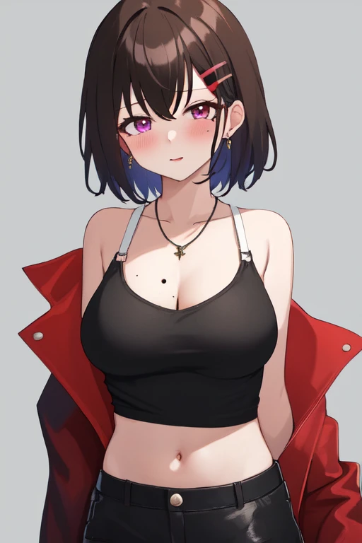 best quality, masterpiece, highres, solo, {higuchi_madoka_theidolmstershinycolors:1.15}, short_hair, brown_hair, mole, mole_under_eye, bangs, hair_ornament, hairclip, purple_eyes, blush, breasts, 1girl, bare_shoulders, collarbone, jewelry, looking_at_viewer, necklace, tank_top, upper_body, white_tank_top, simple_background, red_eyes