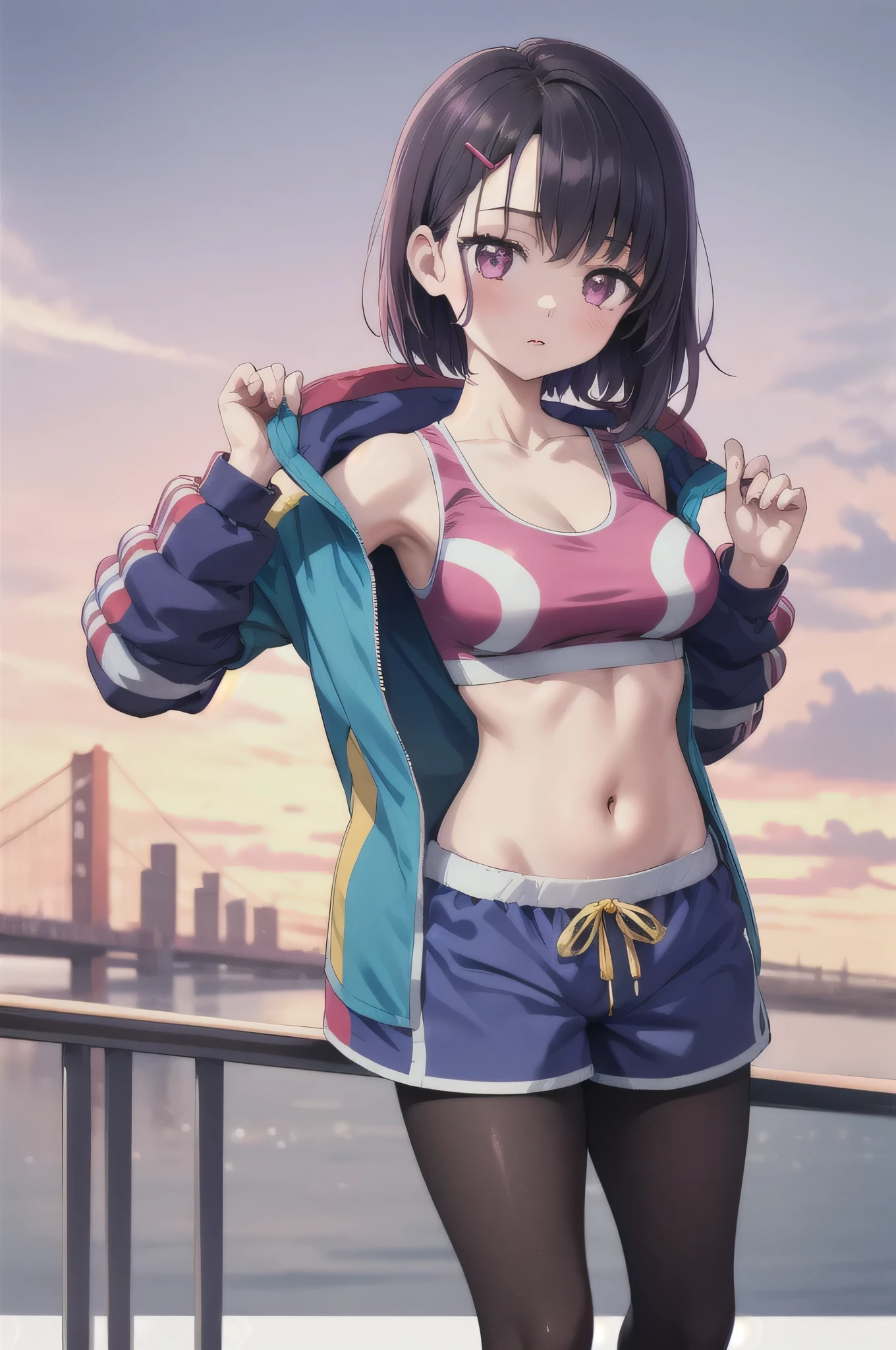 (masterpiece, best quality), 1girl, MikazukiShizuka, hairclip , sports bra, pink dolphin shorts, legwear under shorts, black pantyhose, blue jacket