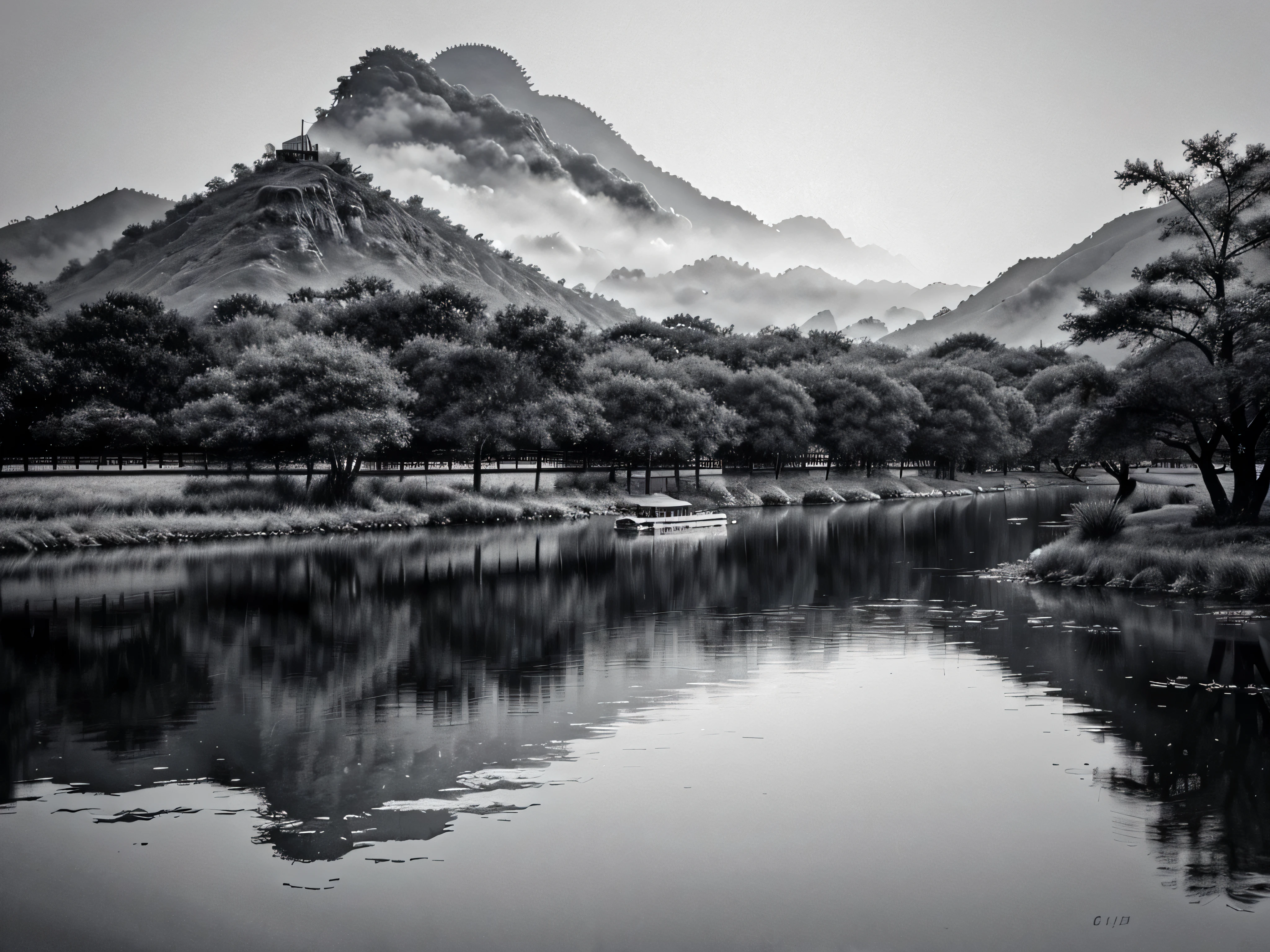chinese scenery watercolor painting simple black and white sky 
