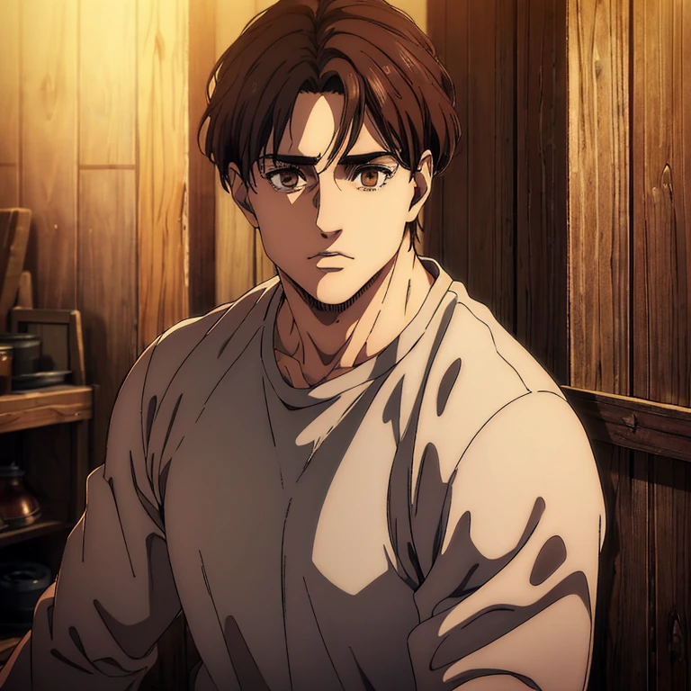 best quality, highres, masterpiece:1.2), ultra-detailed, (realistic, photorealistic, photo-realistic:1.37),  male character,  Mappa art style, detailed brown eyes highlight light reflecting in his eyes , and dark brown medium frenzy hair, he has sharp jawline , behind him a cabin ,  he is wearing a gray full sleeve tshirt , he is more handsome