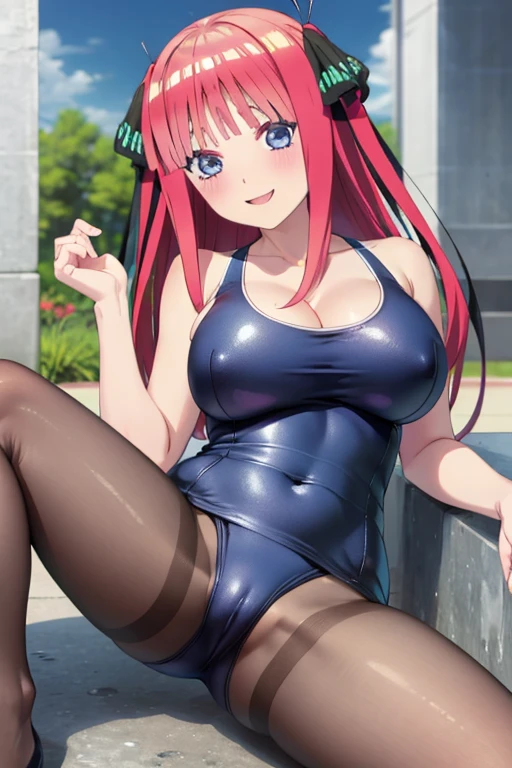 best quality, ultra-detailed masterpiece, anime art style, cute character, nino nakano, large breasts, blush, smile, one-piece swimsuit, pantyhose, pussy focus, open legs