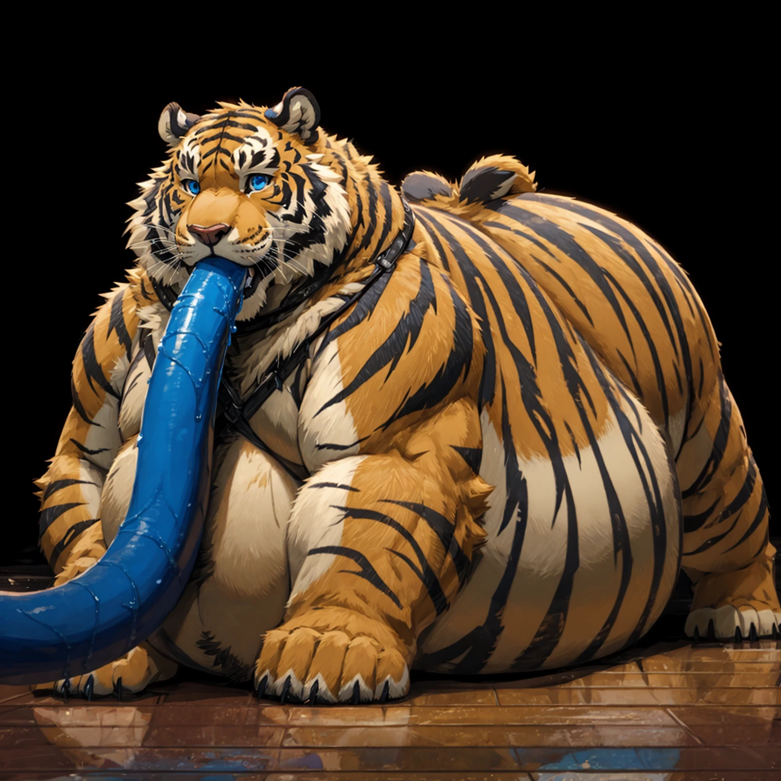 detailed background, tony the tiger, anthro, male, tiger, felid, pantherine, inflating, living inflatable, hip expansion, thigh expansion, navel nozzle, by blackshirtboy <lora:MaleInflation-02-BB95-e100:0.8>