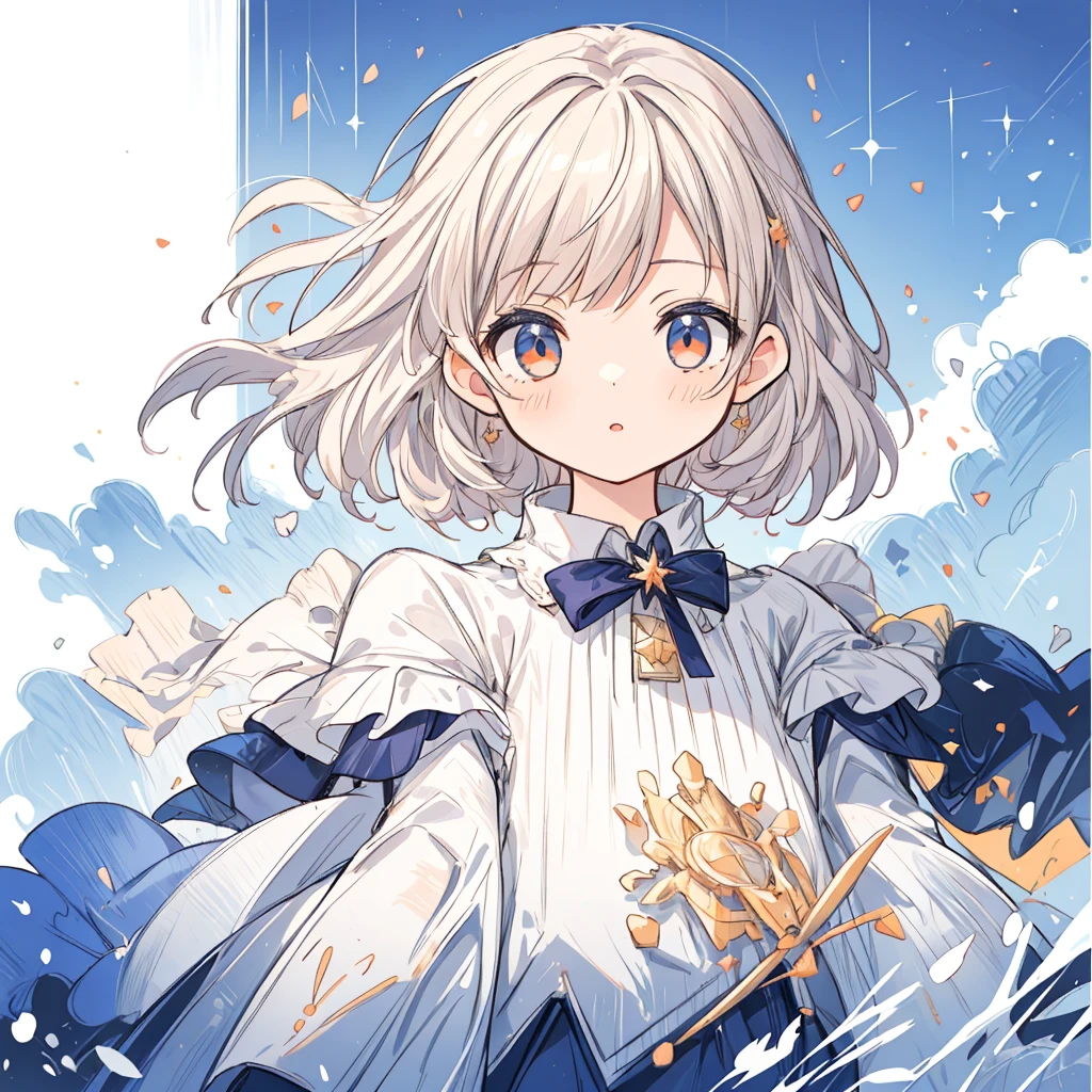 (masterpiece, best quality:1.2), illustration, absurdres, highres, extremely detailed, 1  girl, white short hair, red eyes, eye highlights, dress, short puffy sleeves, frills, outdoors, flower, fluttering petals, upper body, (moon:1.2), night, depth of field, (:d:0.8),（black pantyhose）