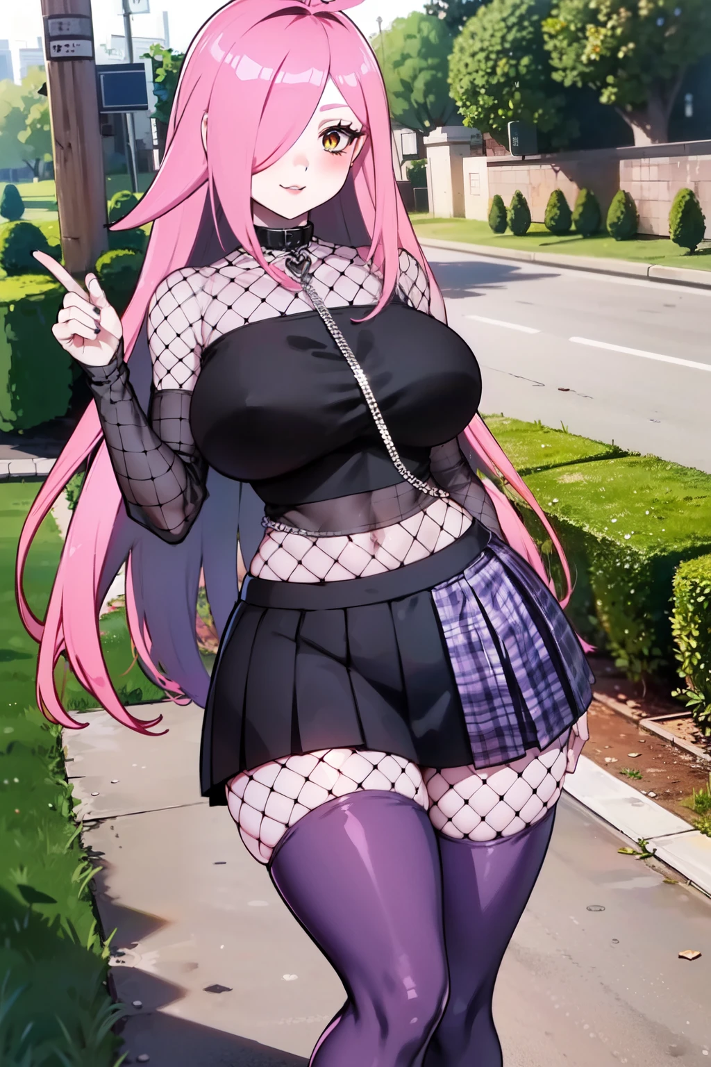 NeneEfthyVT, yellow eyes, hair covering one eye, long hair, pink hair, ahoge, collar, navel, (black pads sleeve:1.2), collar with chain, black crop top, (mesh:1.3), purple skirt, black skirt, skirt, square skirt, (two tone skirt:1.3), (half color skirt:1.3), (thight mesh:1.3), ((purple thighhighs:1.3)), black boots, standing, outdoors