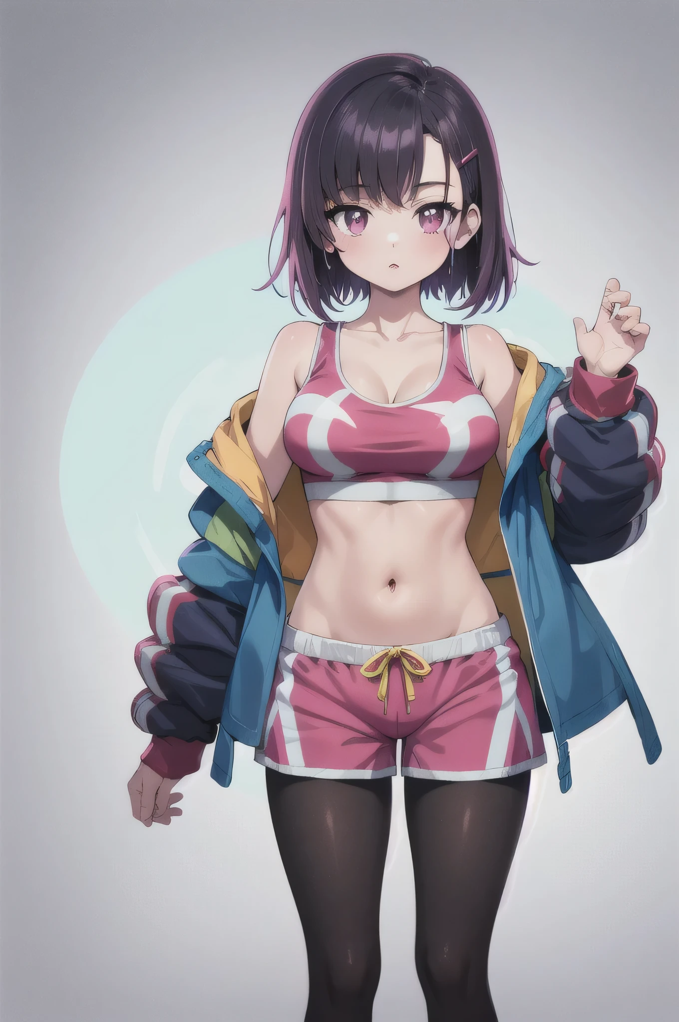 (masterpiece, best quality), 1girl, MikazukiShizuka, hairclip , sports bra, pink dolphin shorts, legwear under shorts, black pantyhose, blue jacket