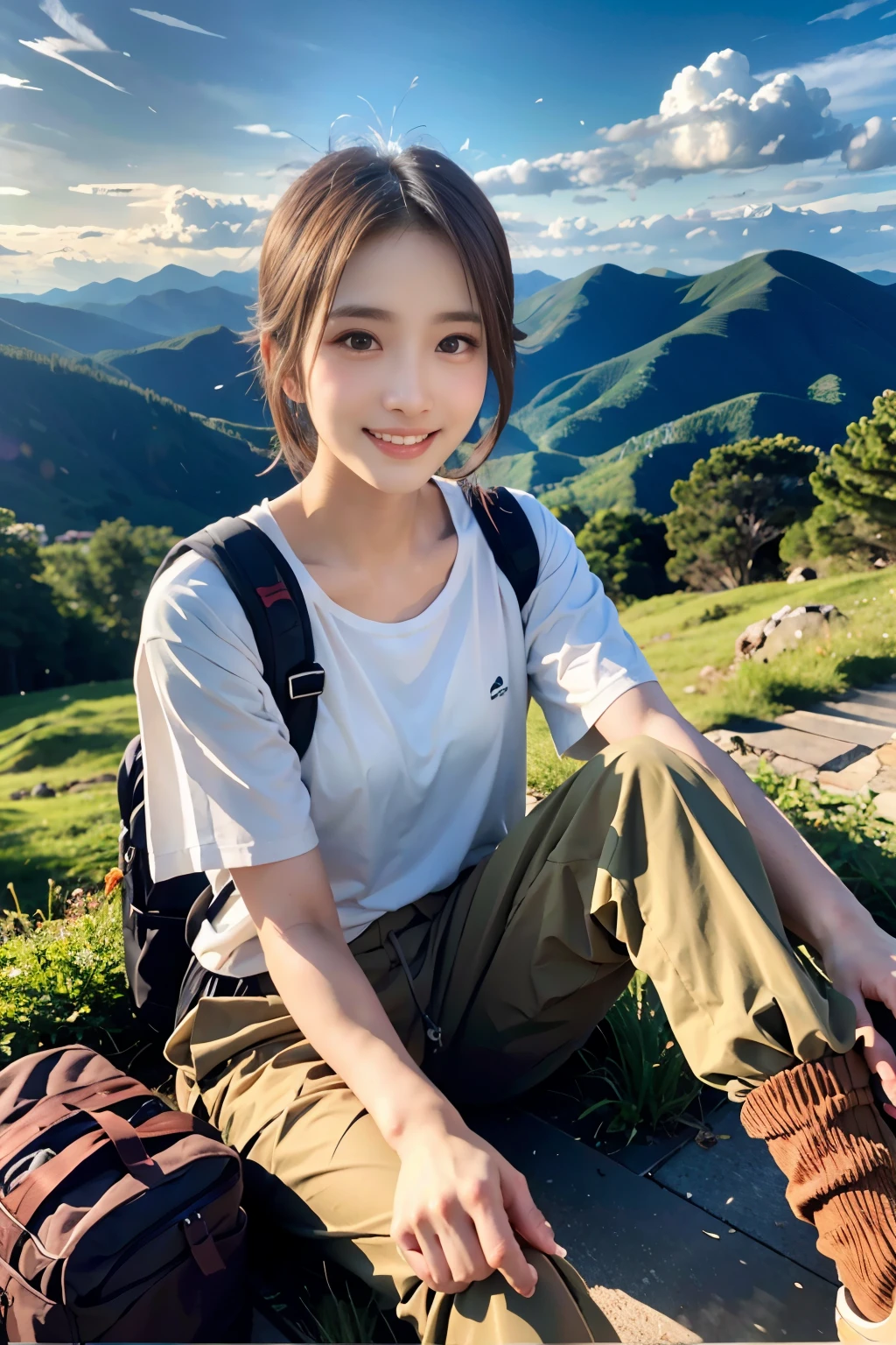 (Highest quality、Super realistic shooting)、Majestic Mountain、sea of clouds、Woman watching the sunset、Selfie、((Upper Body))、White T-shirt、Trekking pants、Trekking boots、rucksack、(Super delicate face、super beautiful)Maid、Super delicate eyes、Ultra detailed nose、Ultra detailed mouth、Ultra-detailed facial features)、Beauty、18-year-old、Smiling happily