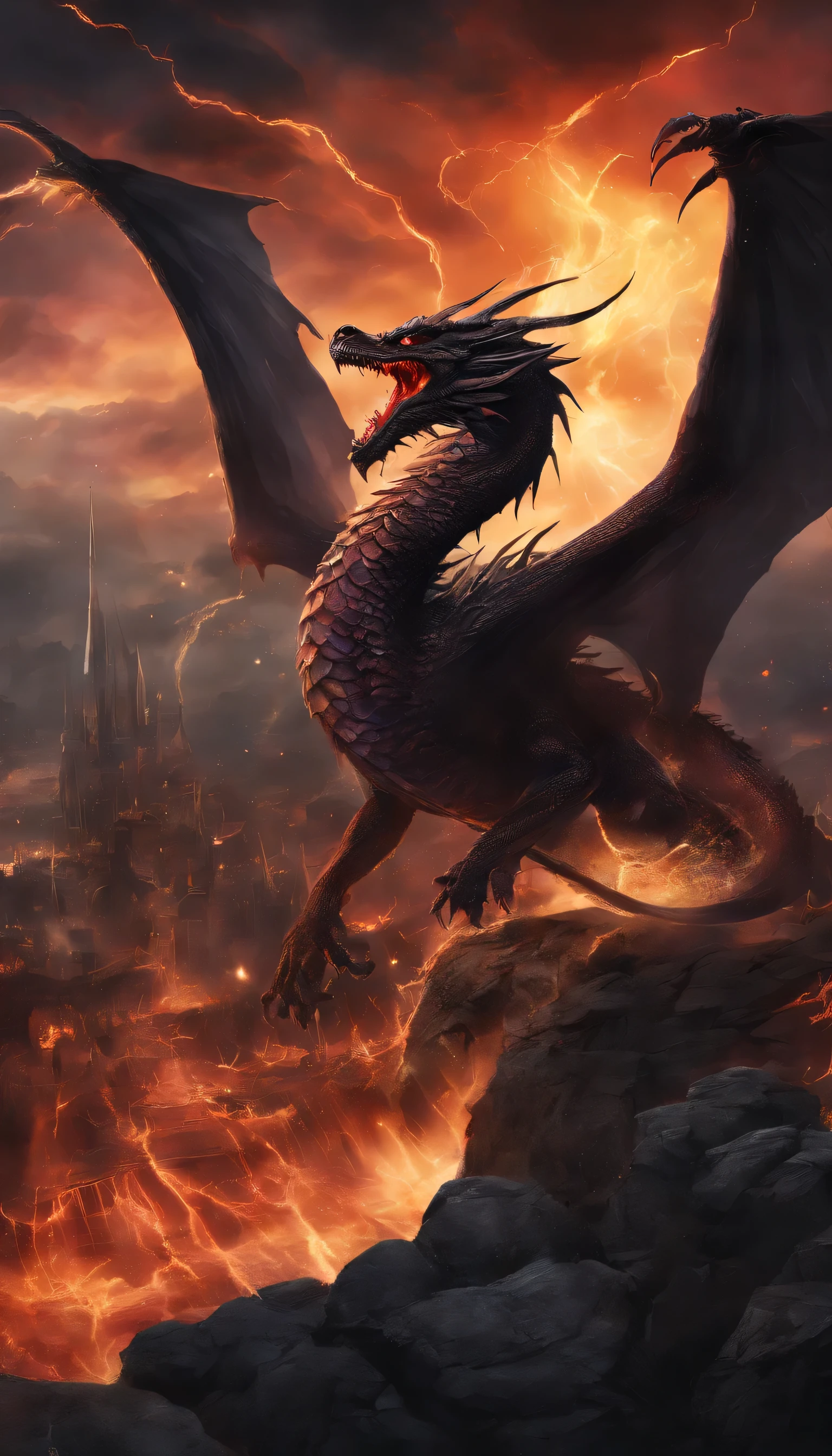 A dramatic scene of a majestic dragon with obsidian scales and piercing crimson eyes, locked in a mystical cavern, expansive wings spread wide, embodying a medieval fantasy atmosphere. The formidable creature soars through a stormy sky crackling with lightning, unleashing torrents of fiery breath upon a city below, engulfing it in flames. --s 150 --ar 2:3 --c 5