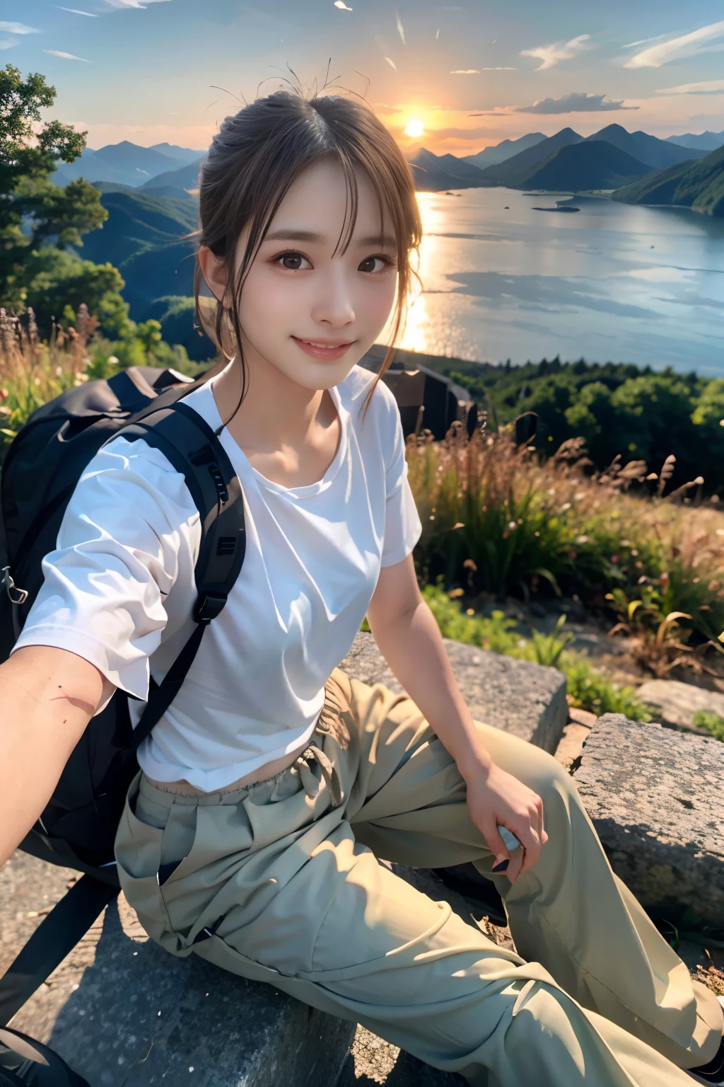 (Highest quality、Super realistic shooting)、Majestic Mountain、sea of clouds、Woman watching the sunset、Selfie、((Upper Body))、White T-shirt、Trekking pants、Trekking boots、rucksack、(Super delicate face、super beautiful)Maid、Super delicate eyes、Ultra detailed nose、Ultra detailed mouth、Ultra-detailed facial features)、Beauty、18-year-old、Smiling happily