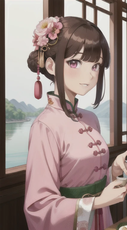 Masterpiece, Best Quality, Waterfront, Banquet, 1 Woman, Mature Woman, Elegant, Chinese Style, Ancient China, Sister, Royal Sister, Happy, Meatball Head, Light Brown Hair, Pink Eyes, Gorgeous Headwear, Light Pink Lips, Pink Clothes, Yarn like Clothing, Intellectual, Full bangs, Flat bangs, Flower Ball, Face Delicate,Updo