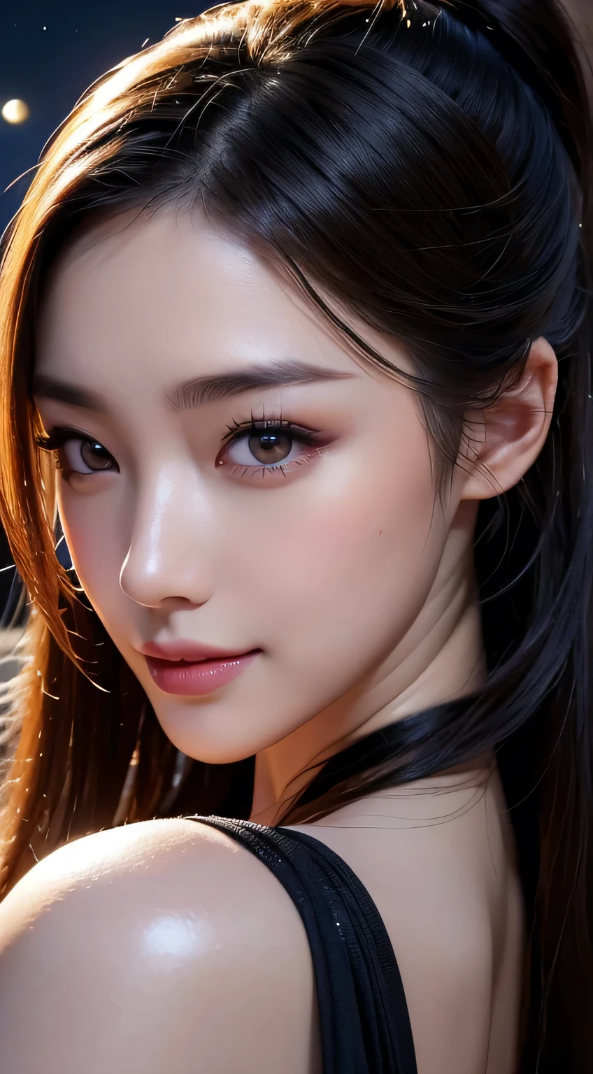 Kimono beauty, body portrait, 8k, thin and beautiful eyes, Dindal effect, masterpiece, top quality, high quality, high resolution, very detailed photo, (natural skin texture, fine skin, hyper realism, super sharpness) , high detail skin, (very fine, fine skin texture, intricate details, beautiful face, (real-like face), realistic eyes, beautifully detailed eyes, realistic skin, beautiful skin, surreal, Highly detailed, golden ratio, smiling eyes, ((night moonlight background)), body portrait, G cup, big breasts, huge breasts, big breasts, glamorous, shiny bodysuit