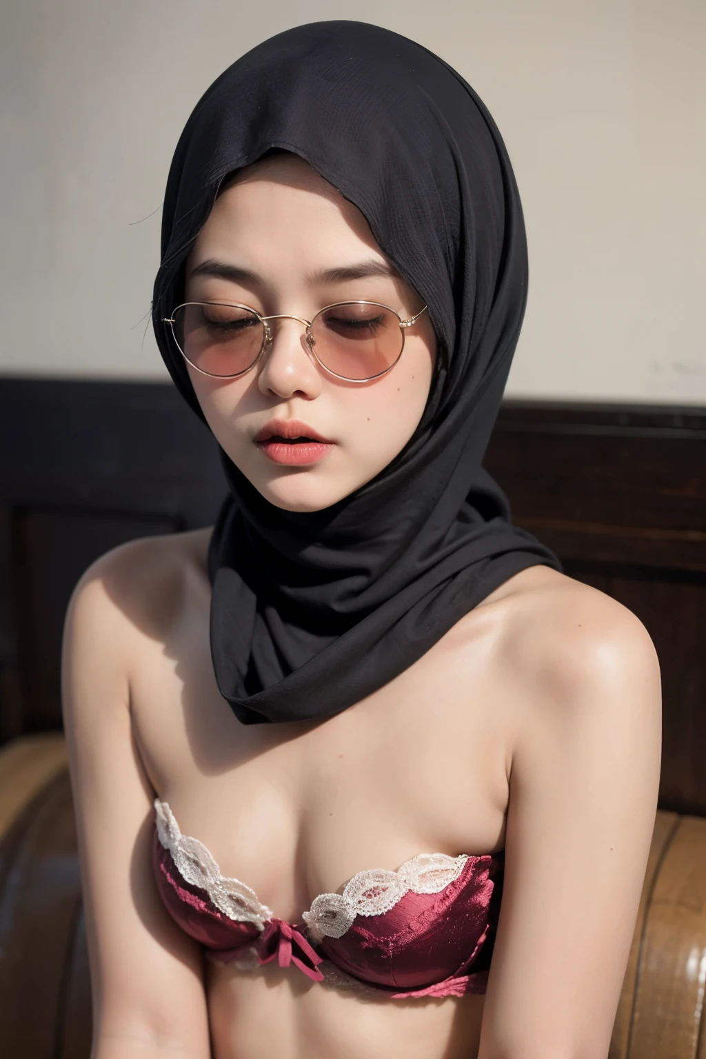(((Sunglasses))), ((Colourful)), ((Big Tits:0.1)), ((Flat Chest:1)), Wear sunglasses and act like Rosyam, ((Closed Eyes)), ((Strapless Colourful bra Flat Chest)), Naked, Angry pose, Angry face, (((HIJAB MALAY GIRL))), masutepiece, High quality, UHD 45K, Realistic face, Realistic skin feeling , A Japanese Lady, , , Very cute and baby-like face, (((FLAT CHEST))), (MATRIX WORLD), ((look In front at the camera and SADNESS)), ((())), (((CUTE GIRL))), ((PASTEL LIPS)), ((SATIN LACE)), ((CHUBBY)), ((UNDRESS)). Brown, Flat Chest, Wearing G-String. Sitting, from behind view up, seductive pose, (Small face)