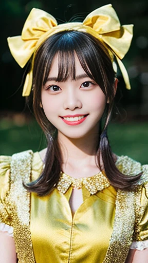 photo realistic, a girl in gold satin dress, 14 yo, pretty face, Lolita Fashion, Colorful frilly satin costume:1.2, smile, Double teeth, detailed Face, detailed Eyes, Drooping eyebrows, blush, break, Bright lighting, diagonal standing pose:1.6, low angle:1.8, knee shot:1.9